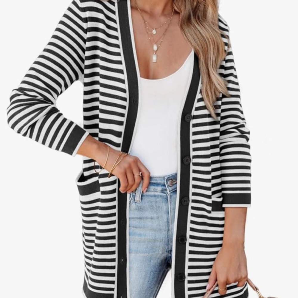 Classic Black and White Striped Women's Cardigan